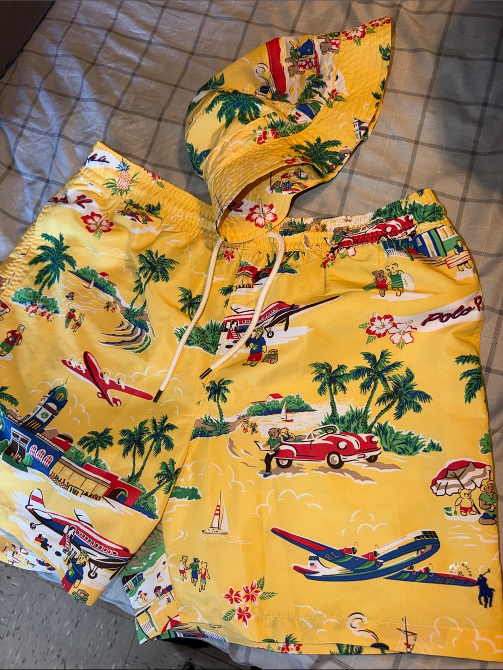 Polo by Ralph Lauren Yellow Hawaiian Print Swim Shorts with Tropical Motifs